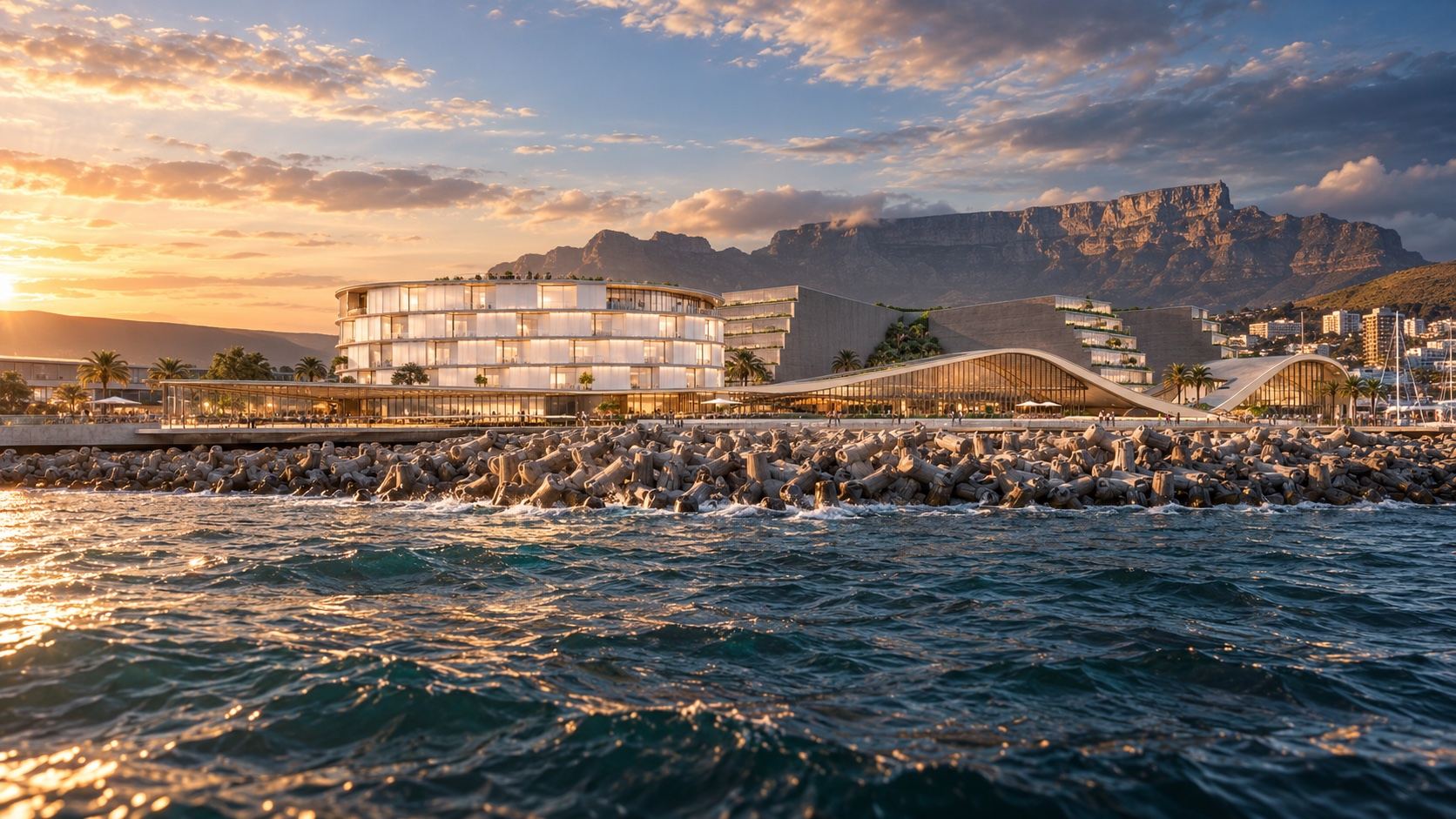 Dusk view from the Atlantic: the oval hotel, the stepped stone wing and the wave-form roof, with Table Mountain behind the dolos breakwater.
