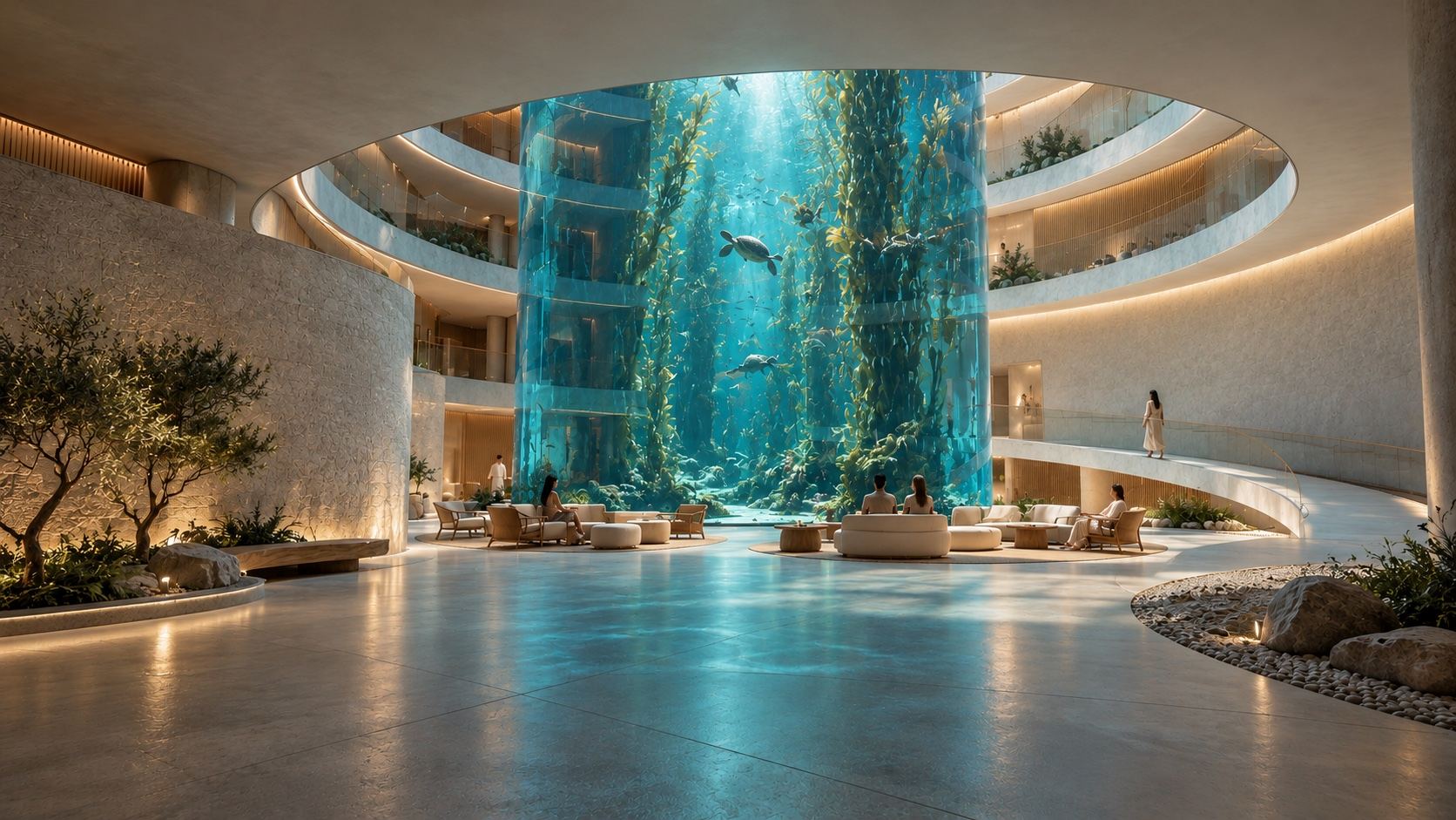 The hotel atrium around a full-height circular kelp forest tank with sea turtles, ringed by curving balconies and the ramp.