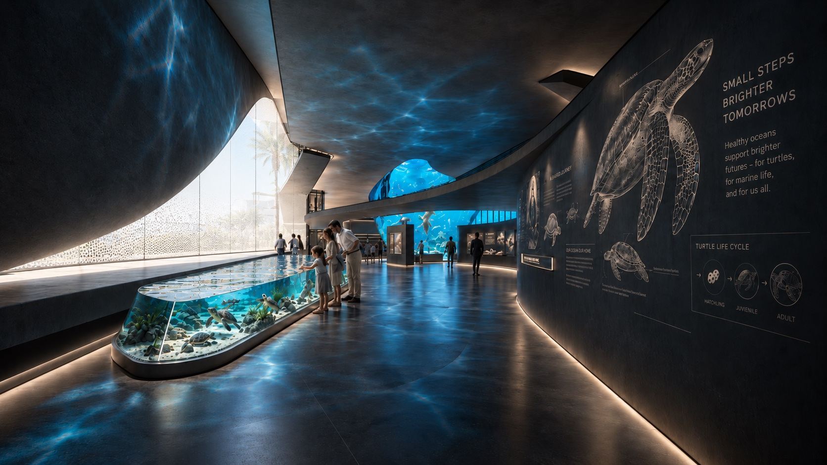 The rescue centre gallery: a long low turtle pool, a wall drawing of a sea turtle and its life cycle, and the main tank ahead.