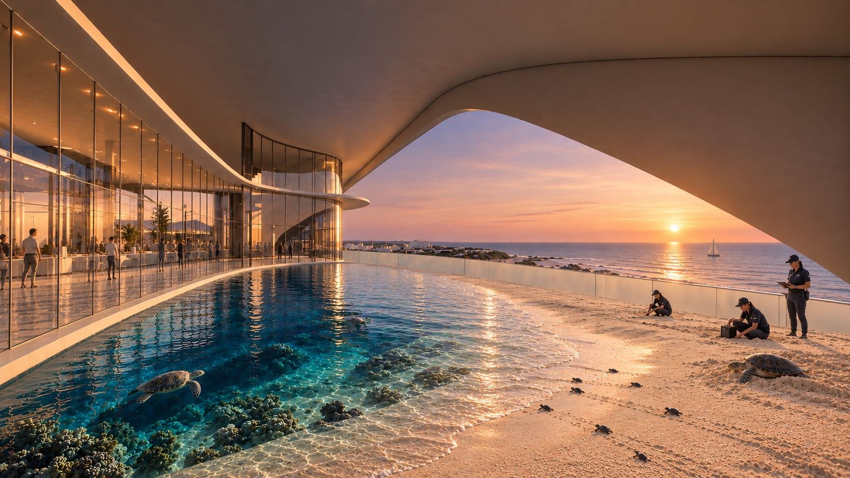A terrace where the reef pool becomes sand under the curved roof, hatchlings moving towards the Atlantic at sunset while staff watch.