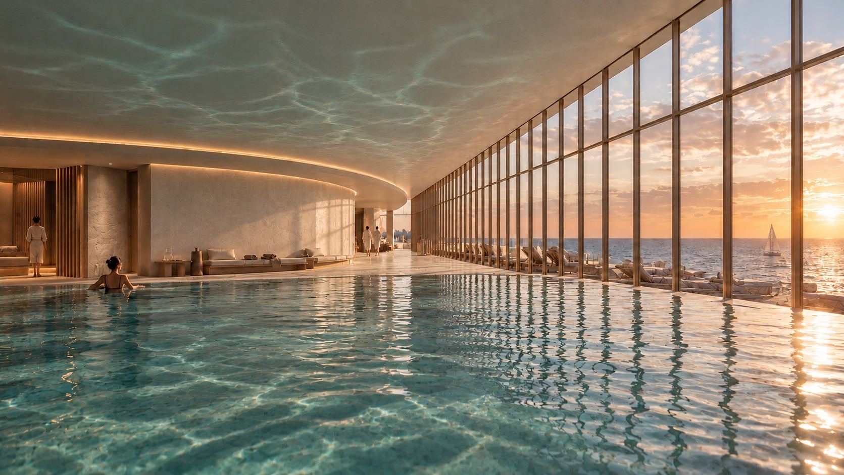 Indoor spa pool beside a full-height glass wall onto the Atlantic at sunset, with caustic light across the ceiling.