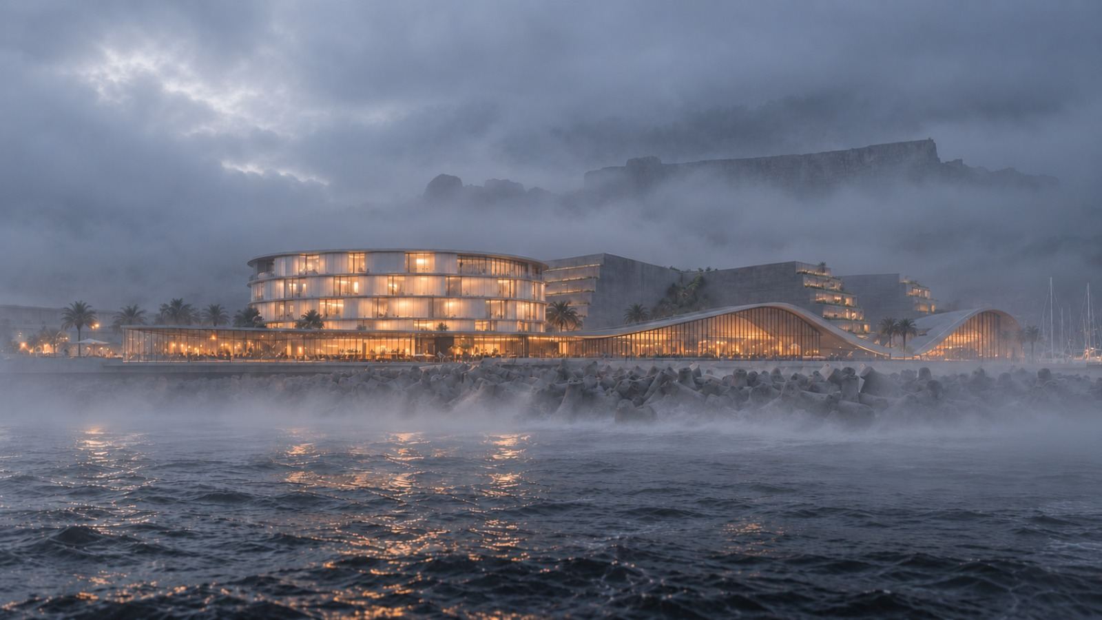 The hotel and rescue centre on the breakwater in a winter storm, mist rolling over the Atlantic.
