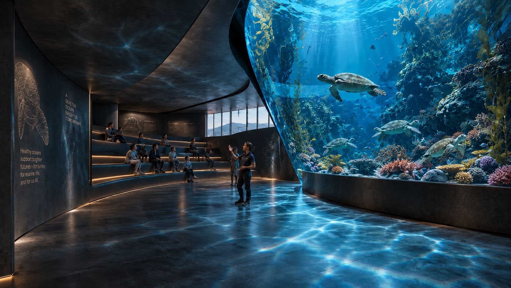 A curved interpretation theatre facing a tall window into the turtle habitat, with a guide speaking to visitors.